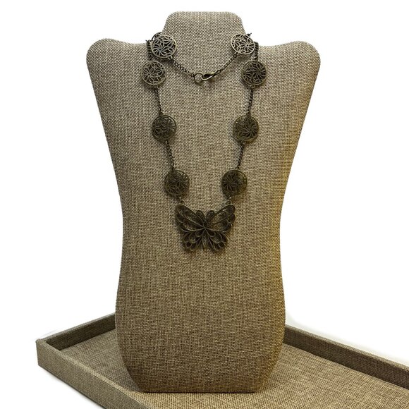 Long Boho Cutout Butterfly Pendant on Flower Chain Necklace Antique Bronze Tone - Picture 1 of 8